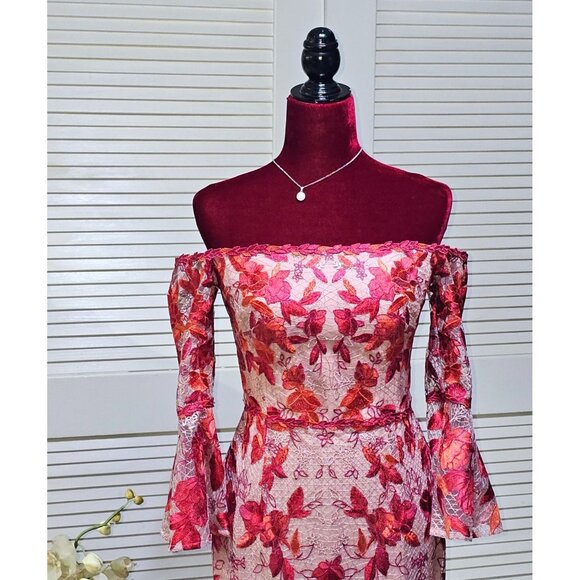 Marchesa Notte Women Red Pink Embroidery Tea Length Dress Off Shoulder Sz 6 2569 - Picture 5 of 16